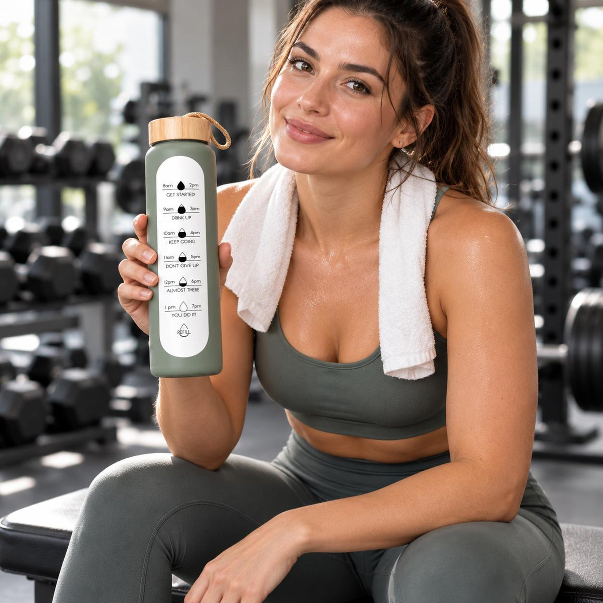 Glass Water Bottle, 1 L Borosilicate, Wooden Lid and Time Markers – Sage Green — photo 3