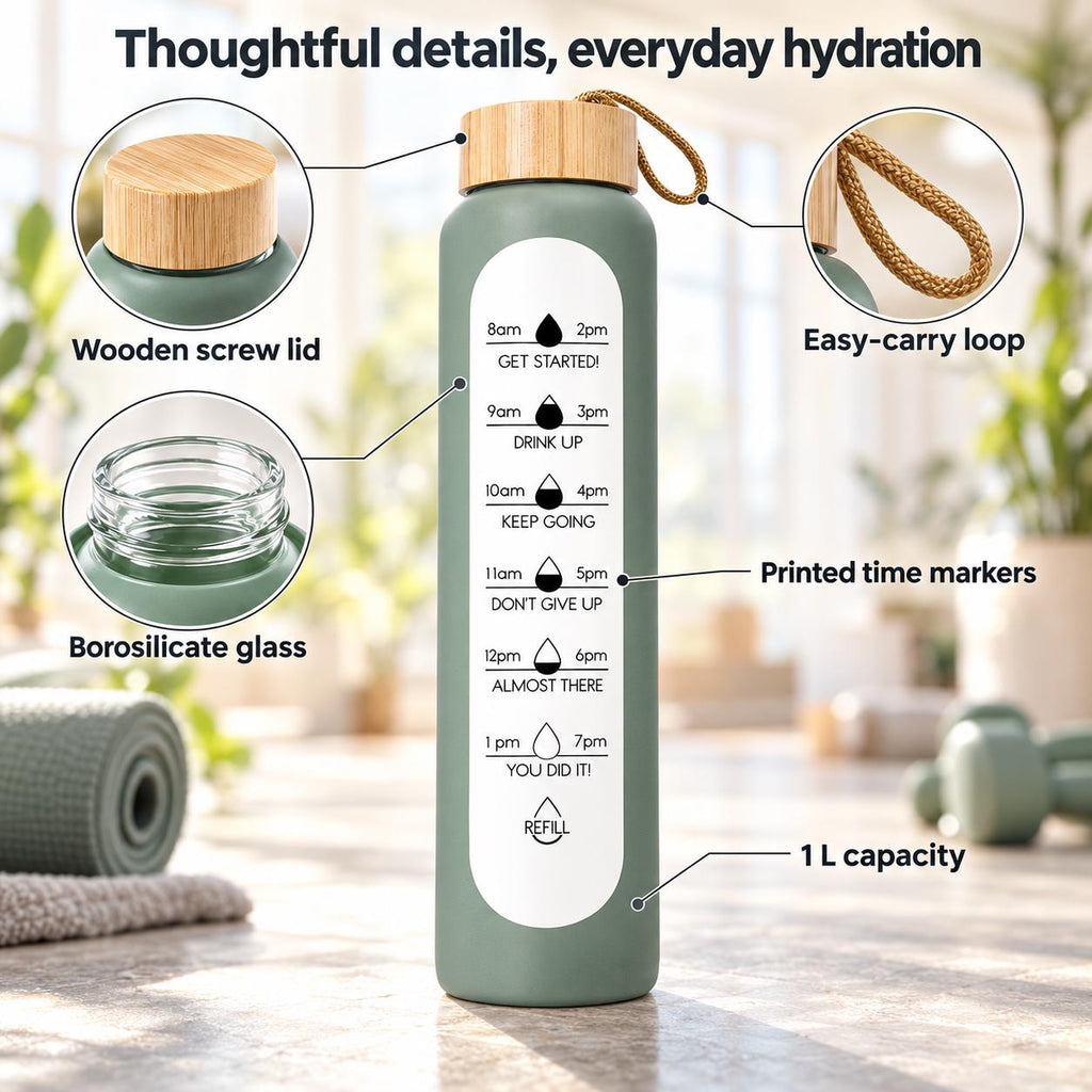 Glass Water Bottle, 1 L Borosilicate, Wooden Lid and Time Markers – Sage Green — photo 9