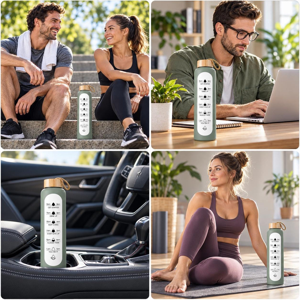 Glass Water Bottle, 1 L Borosilicate, Wooden Lid and Time Markers – Sage Green — photo 8