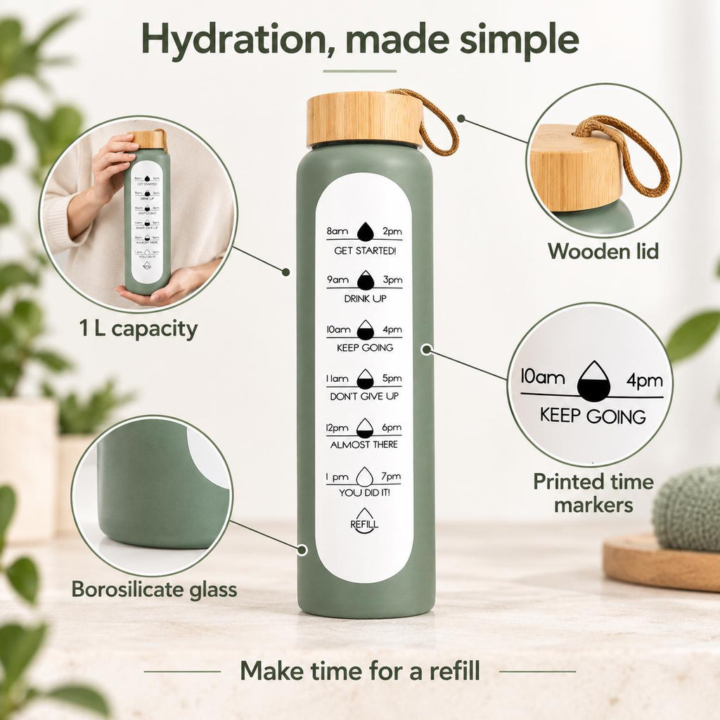 Glass Water Bottle, 1 L Borosilicate, Wooden Lid and Time Markers – Sage Green — photo 7