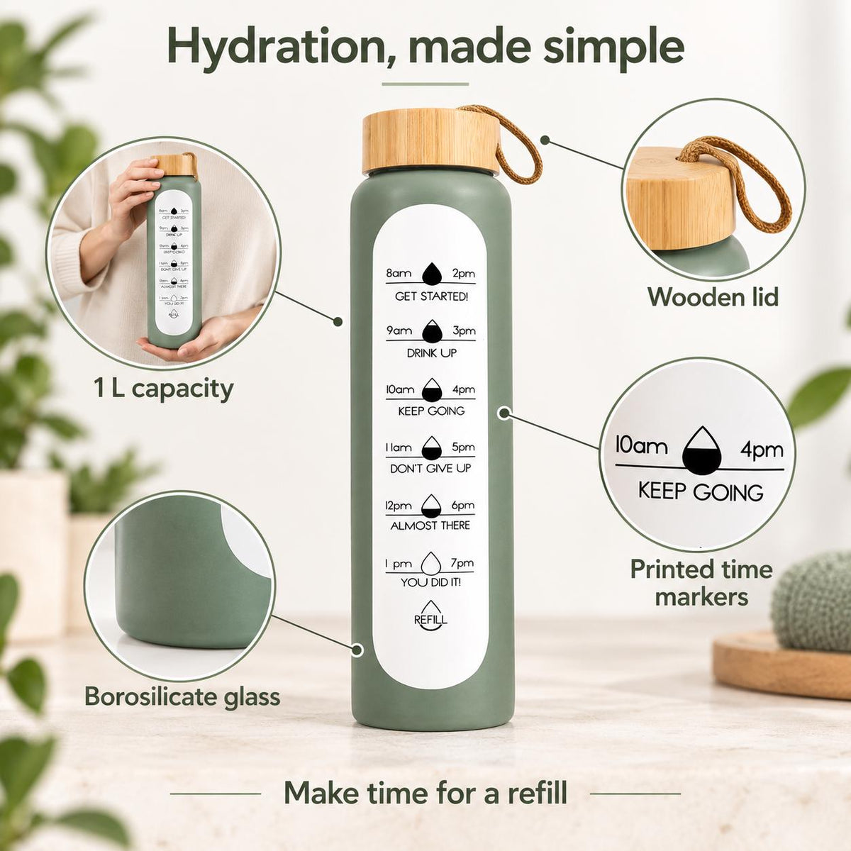 Glass Water Bottle, 1 L Borosilicate, Wooden Lid and Time Markers – Sage Green — photo 7