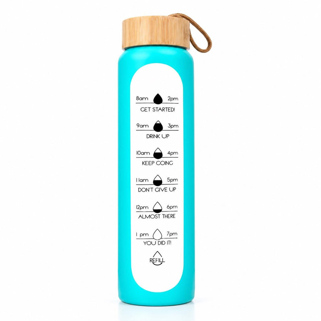 Glass Water Bottle, 1 L Borosilicate, Wooden Lid and Time Markers – Sky Blue — photo 2