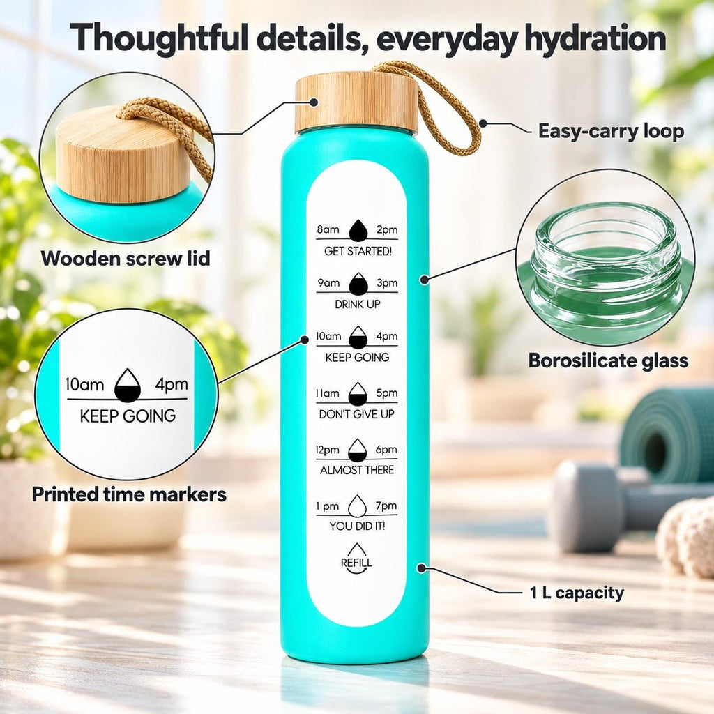 Glass Water Bottle, 1 L Borosilicate, Wooden Lid and Time Markers – Sky Blue — photo 1