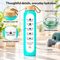 Glass Water Bottle, 1 L Borosilicate, Wooden Lid and Time Markers – Sky Blue — photo 1