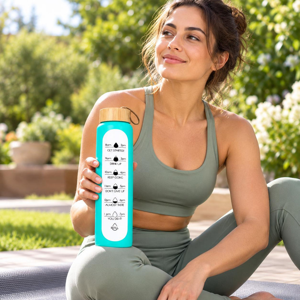 Glass Water Bottle, 1 L Borosilicate, Wooden Lid and Time Markers – Sky Blue — photo 4
