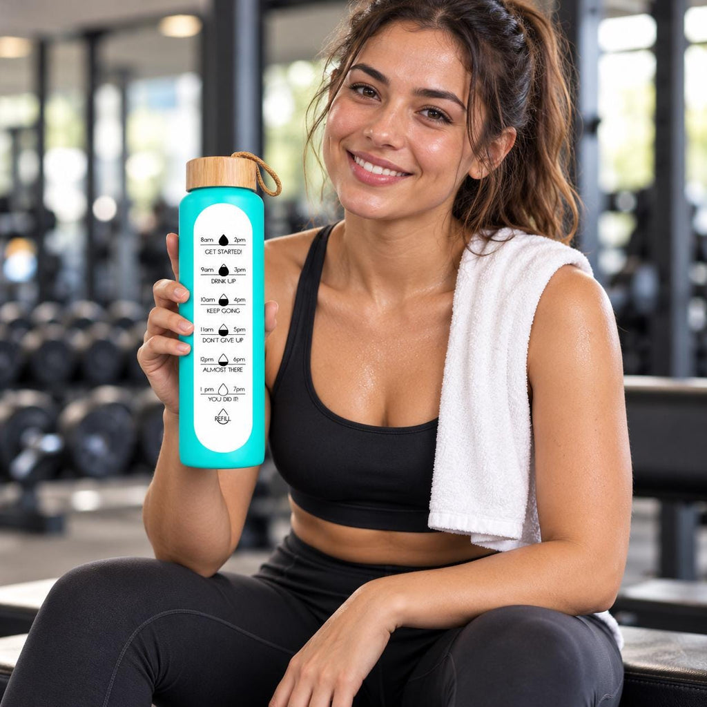 Glass Water Bottle, 1 L Borosilicate, Wooden Lid and Time Markers – Sky Blue — photo 3