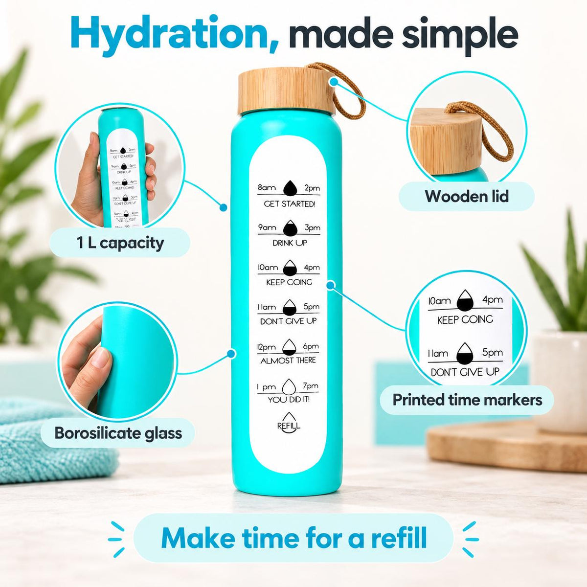 Glass Water Bottle, 1 L Borosilicate, Wooden Lid and Time Markers – Sky Blue — photo 6