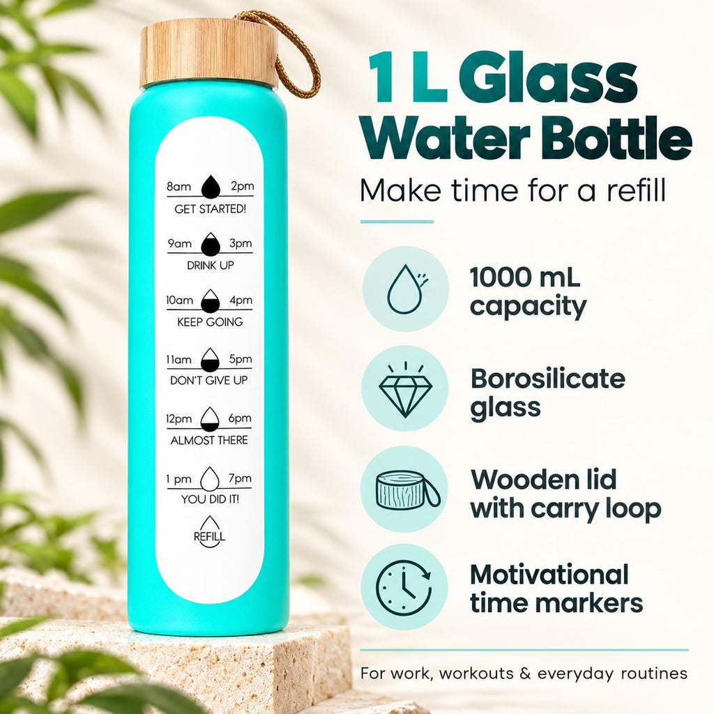 Glass Water Bottle, 1 L Borosilicate, Wooden Lid and Time Markers – Sky Blue — photo 8