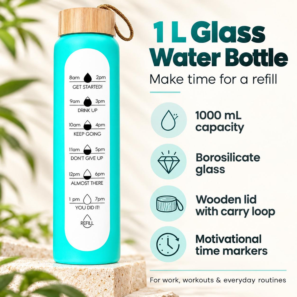 Glass Water Bottle, 1 L Borosilicate, Wooden Lid and Time Markers – Sky Blue — photo 8