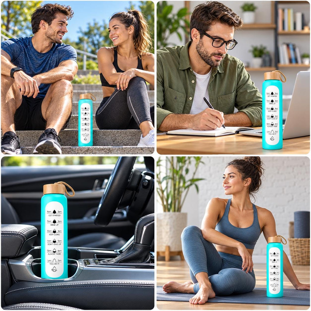 Glass Water Bottle, 1 L Borosilicate, Wooden Lid and Time Markers – Sky Blue — photo 7