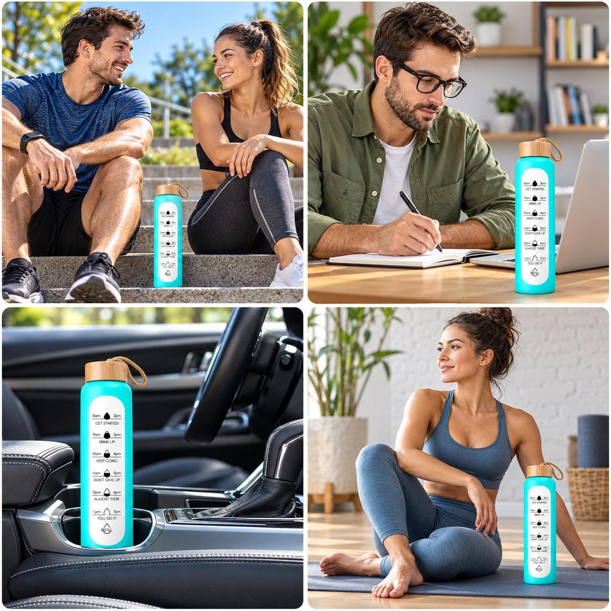Glass Water Bottle, 1 L Borosilicate, Wooden Lid and Time Markers – Sky Blue — photo 7
