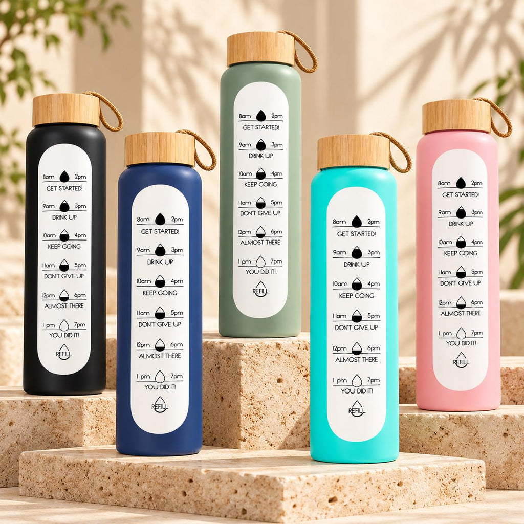 Glass Water Bottle, 1 L Borosilicate, Wooden Lid and Time Markers – Sky Blue — photo 9