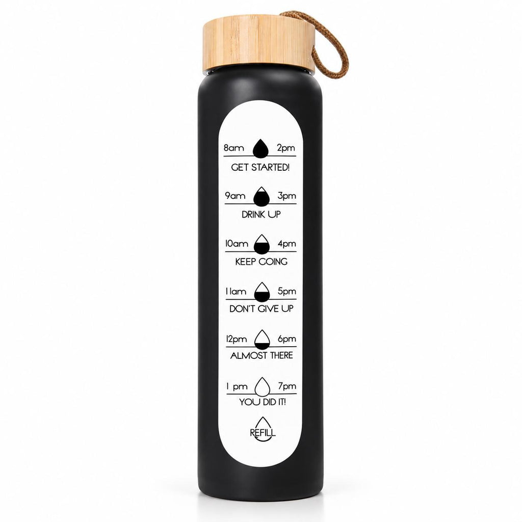 Glass Water Bottle, 1 L Borosilicate, Wooden Lid and Time Markers – Black — photo 2