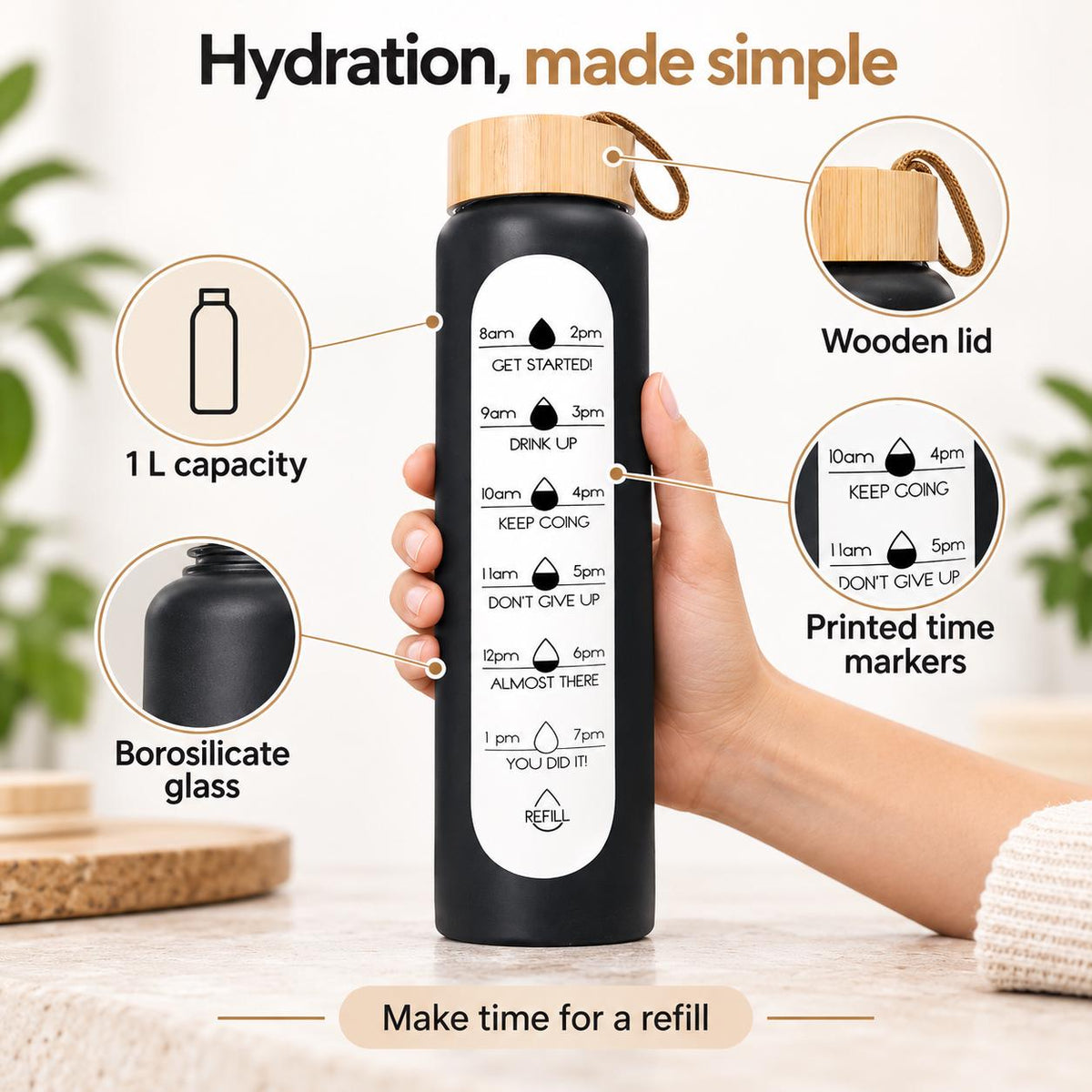 Glass Water Bottle, 1 L Borosilicate, Wooden Lid and Time Markers – Black — photo 1