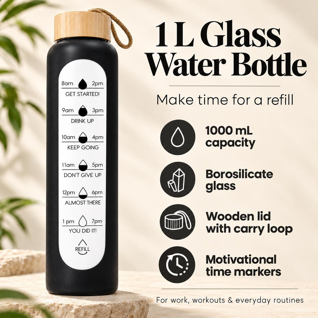Glass Water Bottle, 1 L Borosilicate, Wooden Lid and Time Markers – Black — photo 9