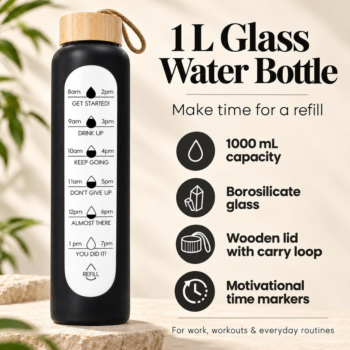 Glass Water Bottle, 1 L Borosilicate, Wooden Lid and Time Markers – Black — photo 9