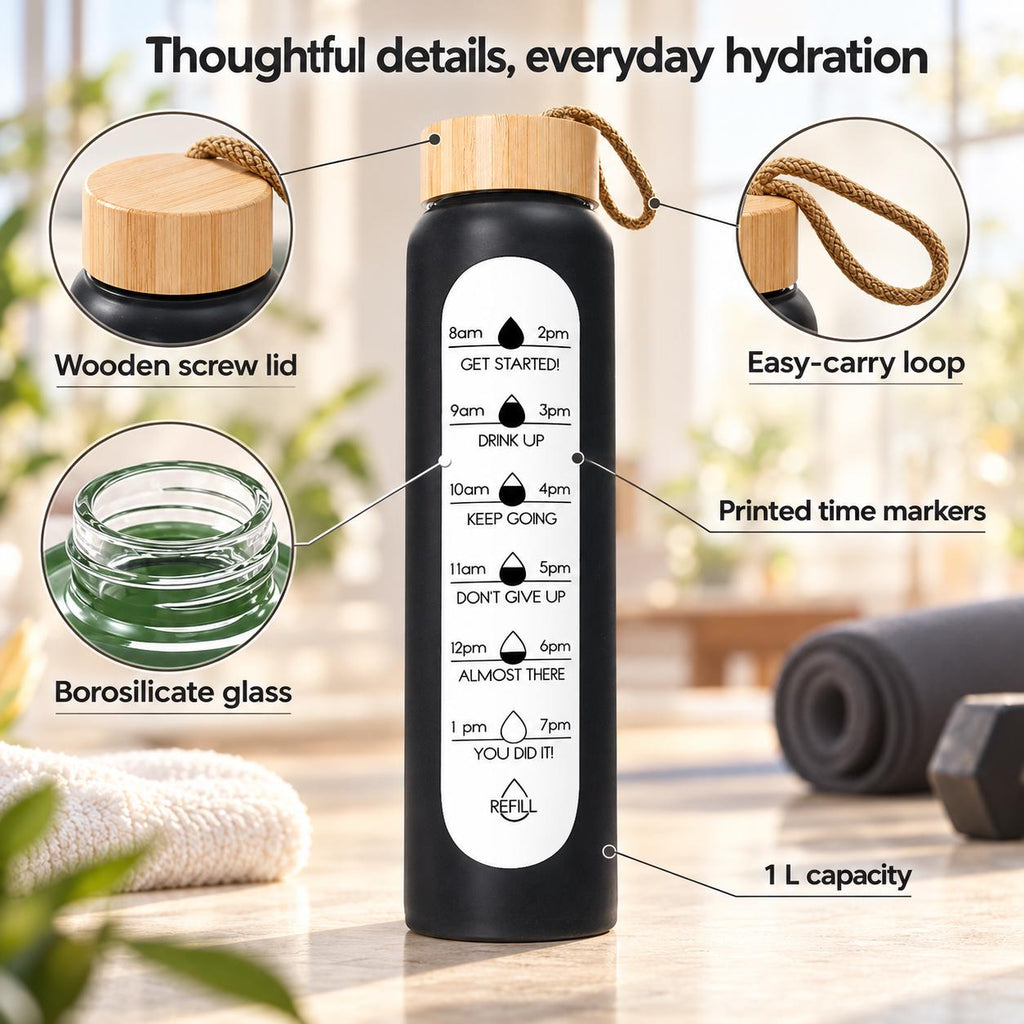 Glass Water Bottle, 1 L Borosilicate, Wooden Lid and Time Markers – Black — photo 8