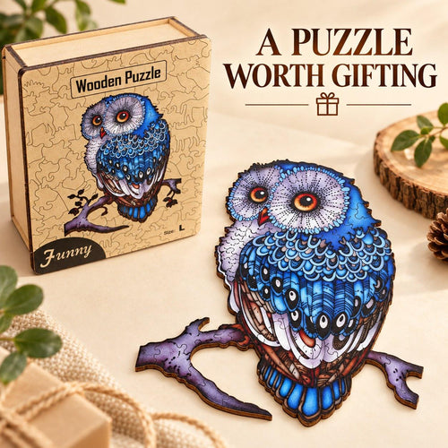 Blue Owl Wooden Jigsaw Puzzle for Adults, Large, Wooden Gift Box, Owl Lover Gift — photo 1