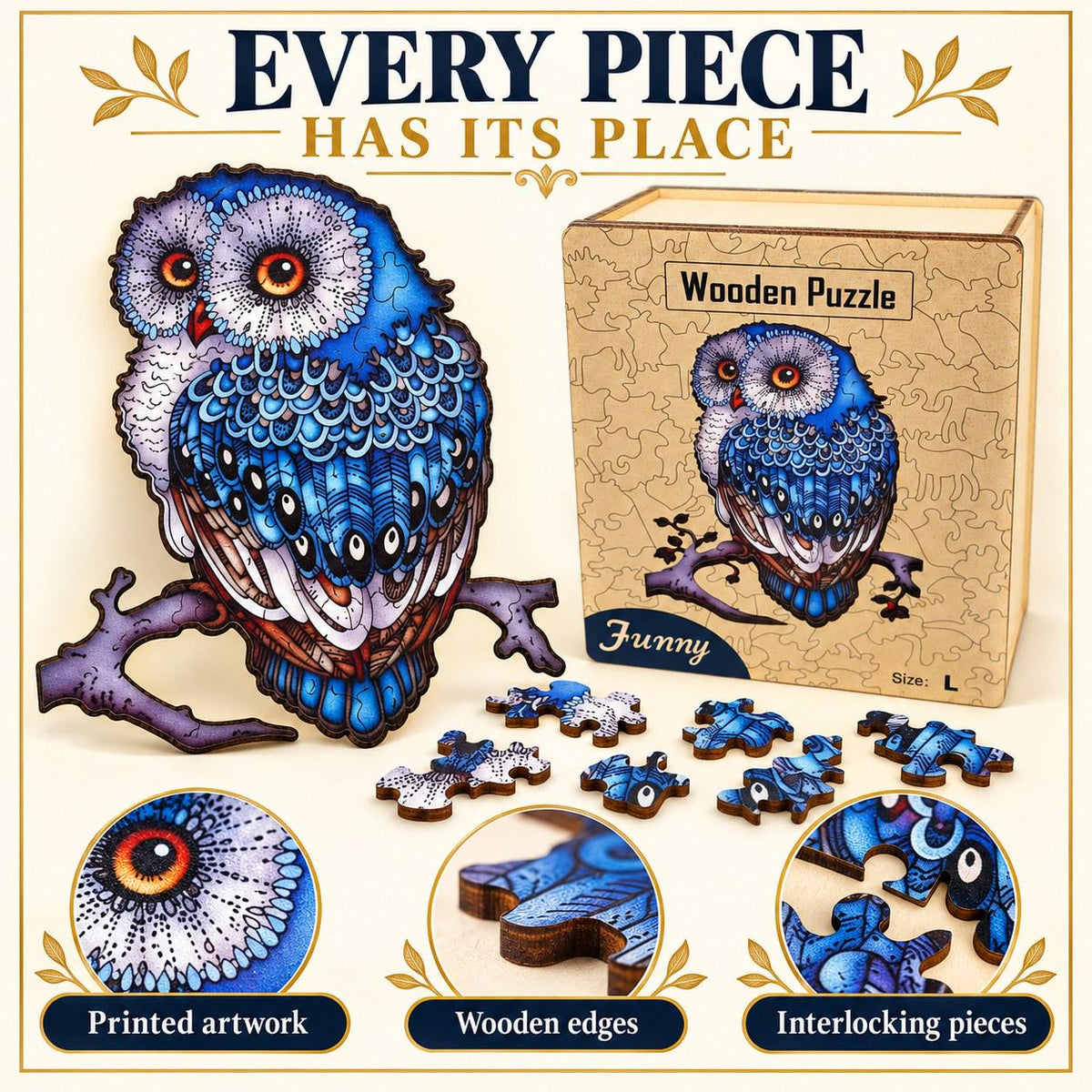 Blue Owl Wooden Jigsaw Puzzle for Adults, Large, Wooden Gift Box, Owl Lover Gift — photo 3
