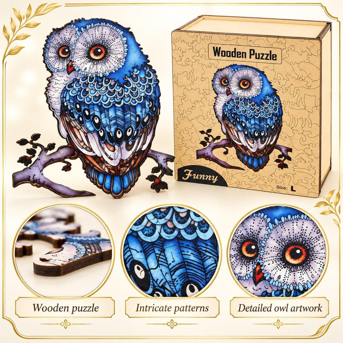 Blue Owl Wooden Jigsaw Puzzle for Adults, Large, Wooden Gift Box, Owl Lover Gift — photo 2