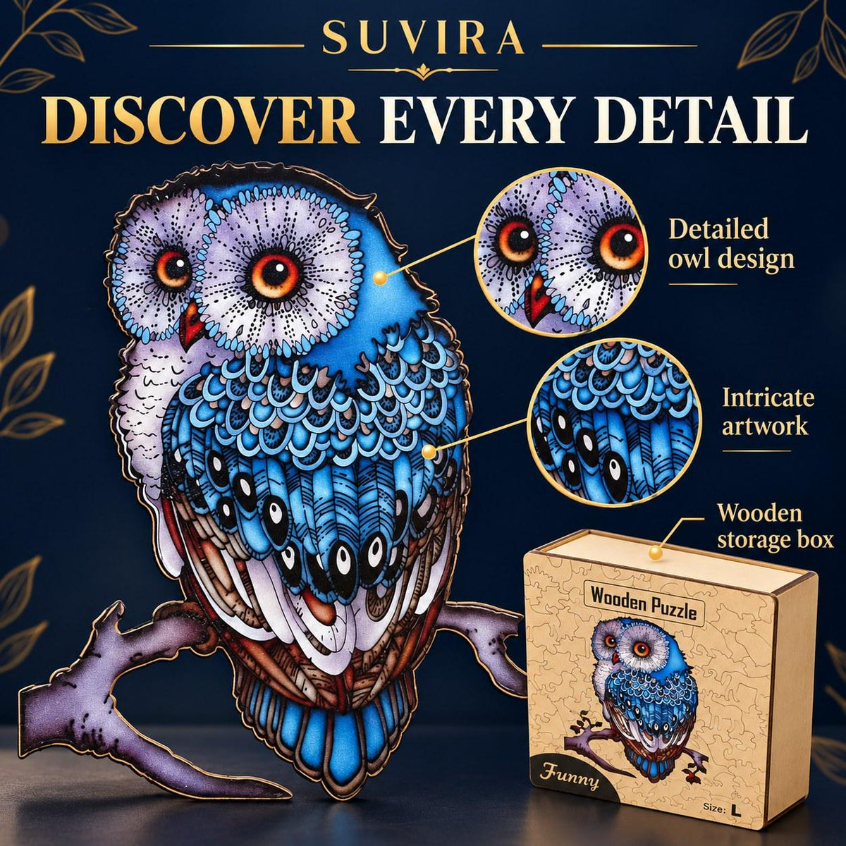Blue Owl Wooden Jigsaw Puzzle for Adults, Large, Wooden Gift Box, Owl Lover Gift — photo 5