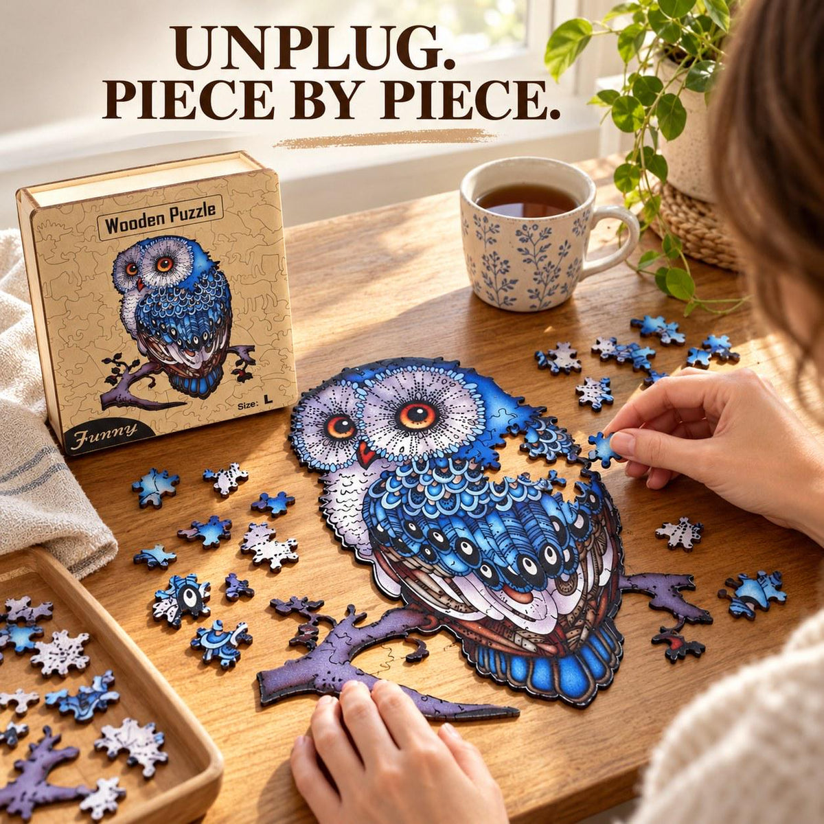 Blue Owl Wooden Jigsaw Puzzle for Adults, Large, Wooden Gift Box, Owl Lover Gift — photo 6