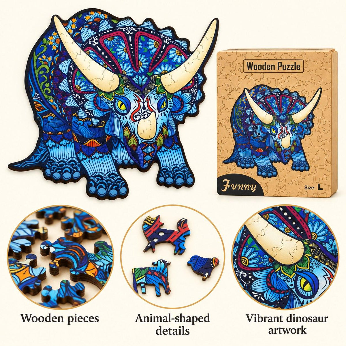 Triceratops Wooden Jigsaw Puzzle for Adults, Large Dinosaur Puzzle, Wooden Gift Box — photo 3