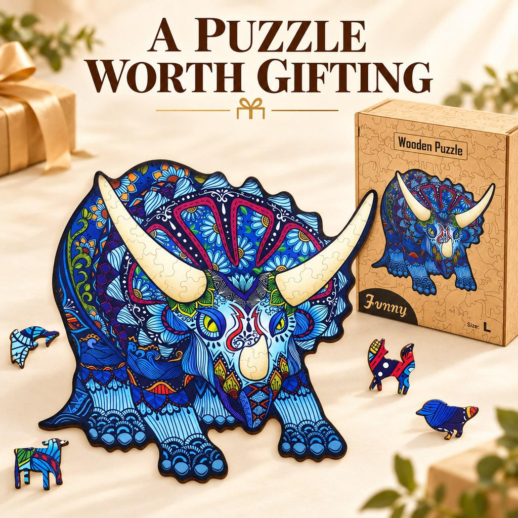 Triceratops Wooden Jigsaw Puzzle for Adults, Large Dinosaur Puzzle, Wooden Gift Box — photo 2