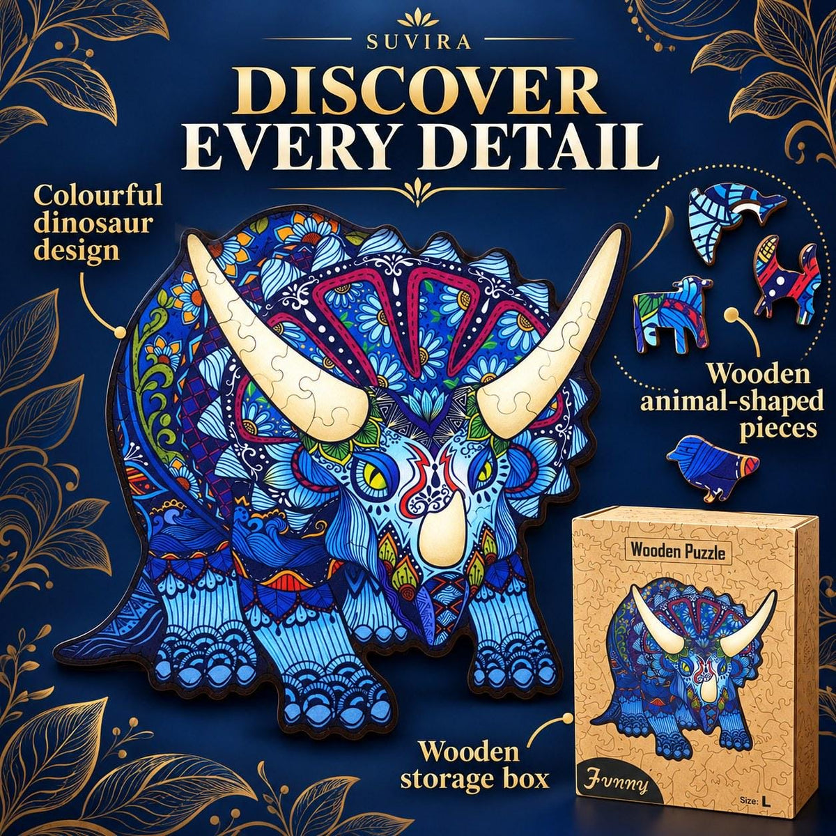 Triceratops Wooden Jigsaw Puzzle for Adults, Large Dinosaur Puzzle, Wooden Gift Box — photo 7