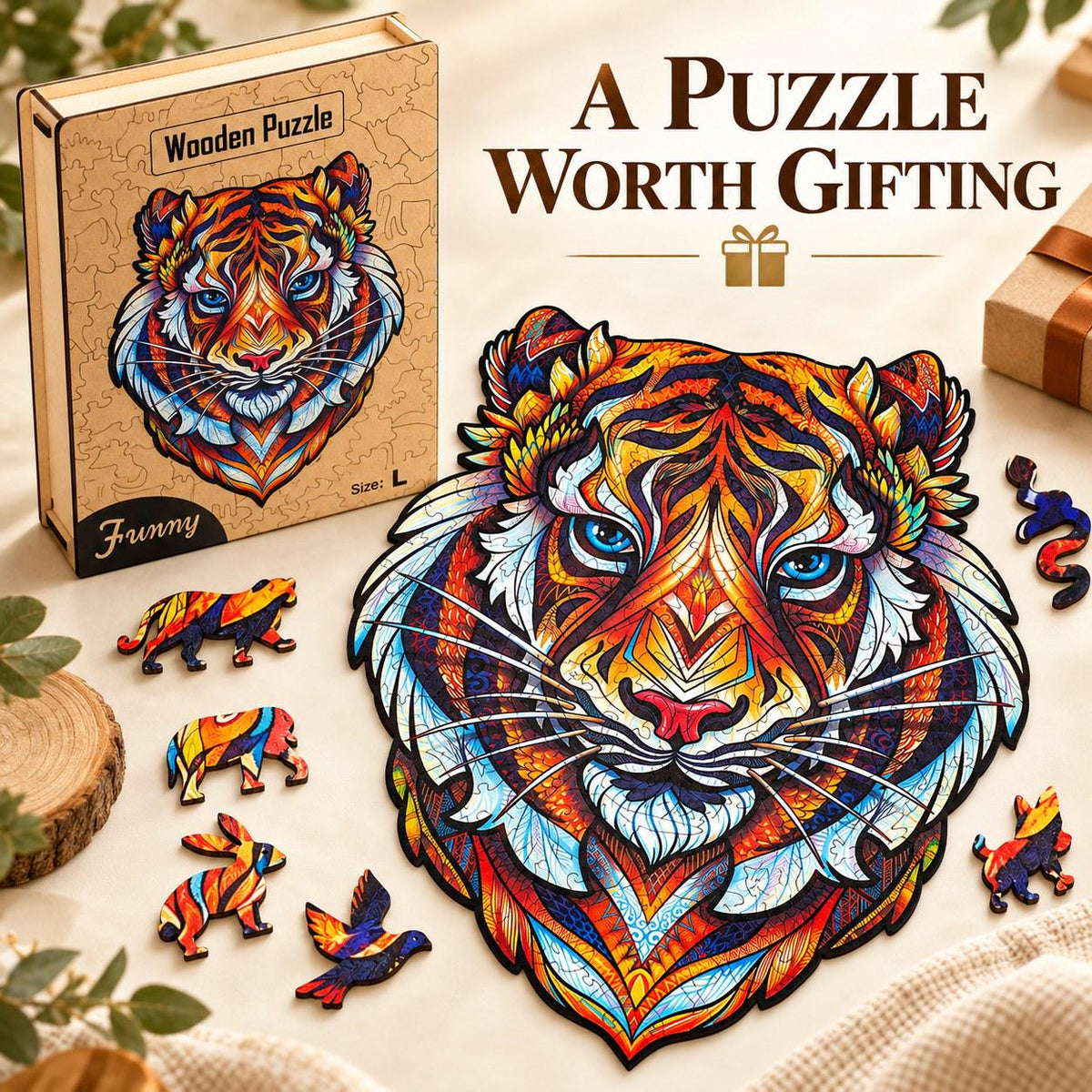 Tiger Wooden Jigsaw Puzzle for Adults, Large, Wooden Gift Box — photo 4