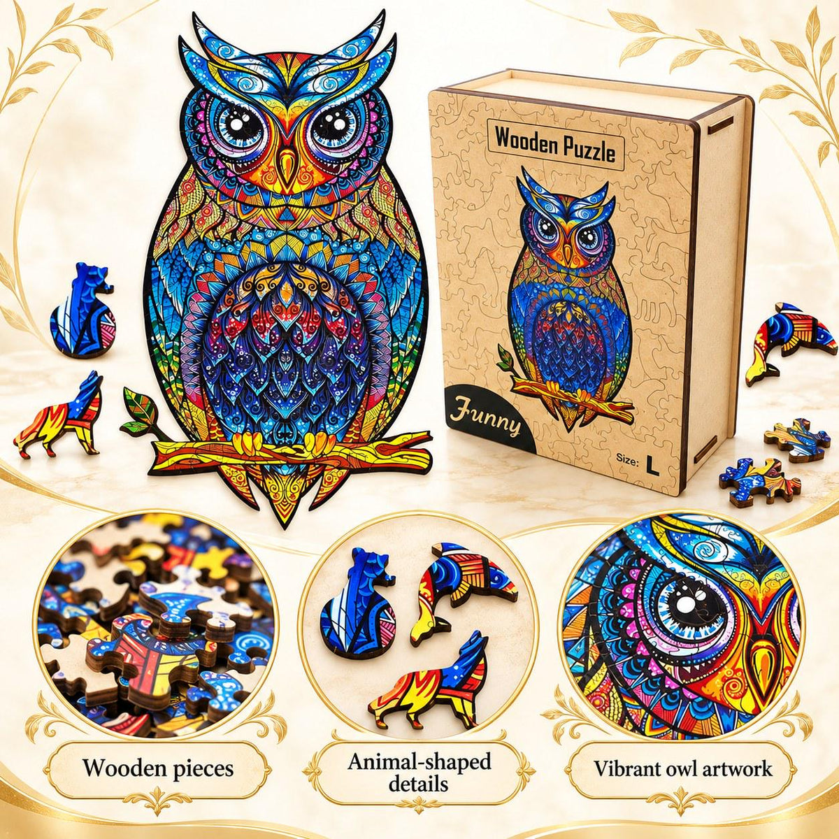 Colourful Owl Wooden Jigsaw Puzzle for Adults, Large, Wooden Gift Box — photo 7