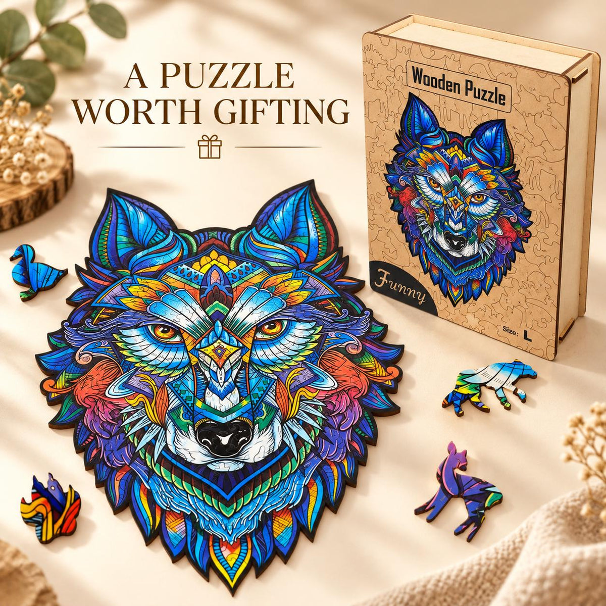 Wolf Wooden Jigsaw Puzzle for Adults, Large Animal Puzzle, Wooden Gift Box — photo 2