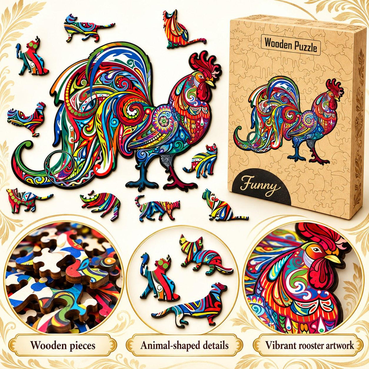 Rooster Wooden Jigsaw Puzzle for Adults, Large, Wooden Gift Box — photo 2