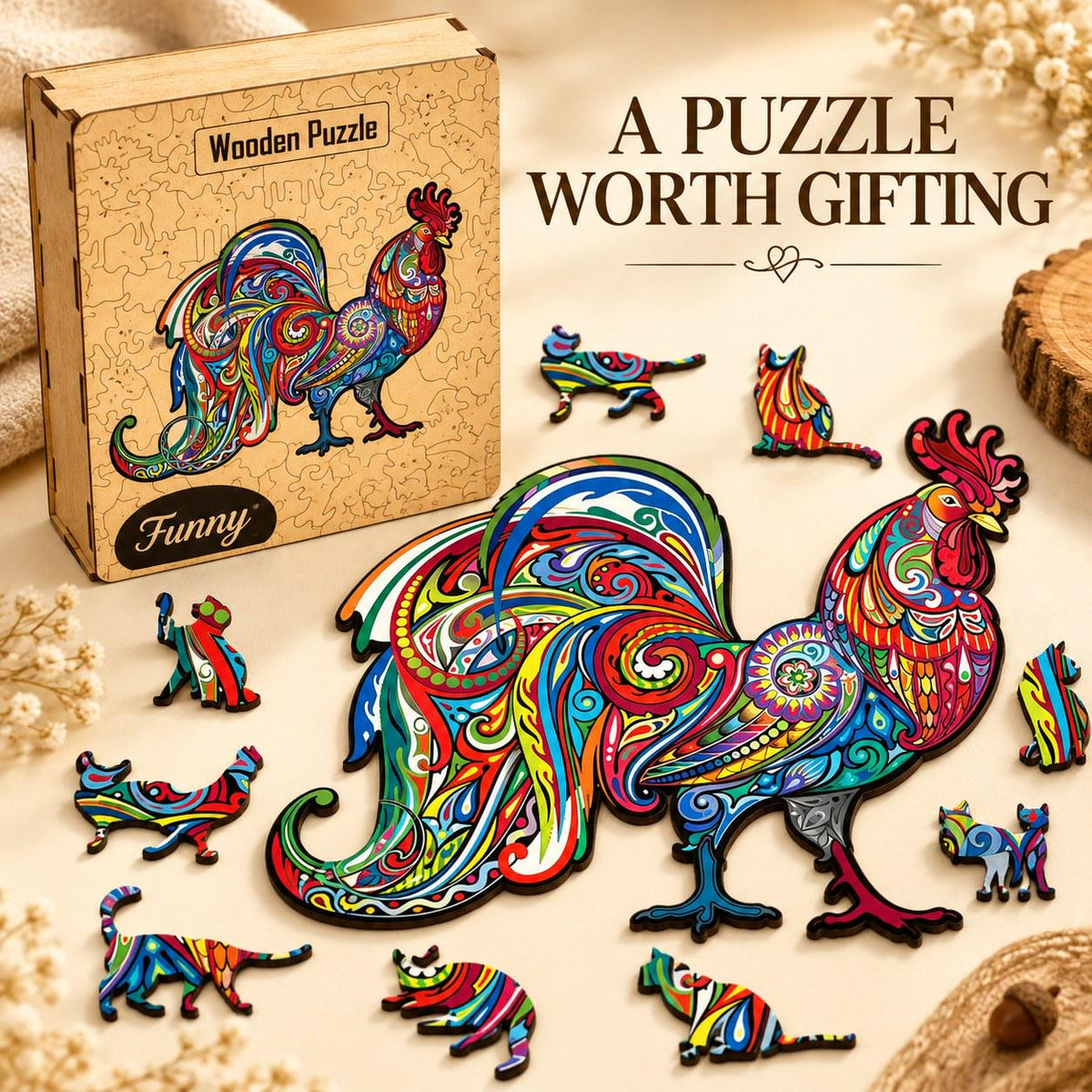 Rooster Wooden Jigsaw Puzzle for Adults, Large, Wooden Gift Box — photo 4