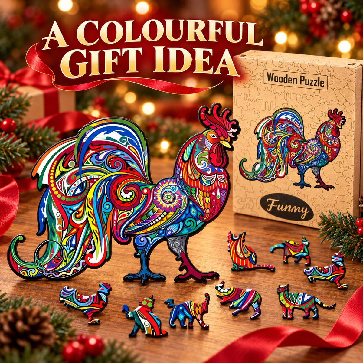 Rooster Wooden Jigsaw Puzzle for Adults, Large, Wooden Gift Box — photo 7