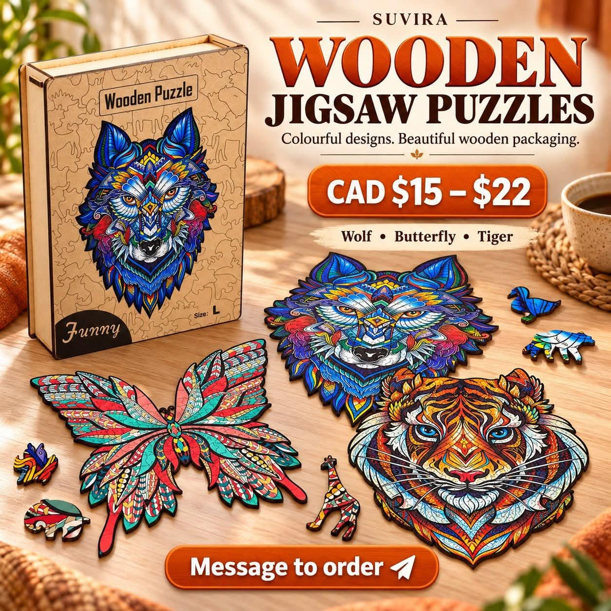 Animal Wooden Jigsaw Puzzle for Adults, Wolf, Tiger or Owl, Wooden Gift Box — photo 1