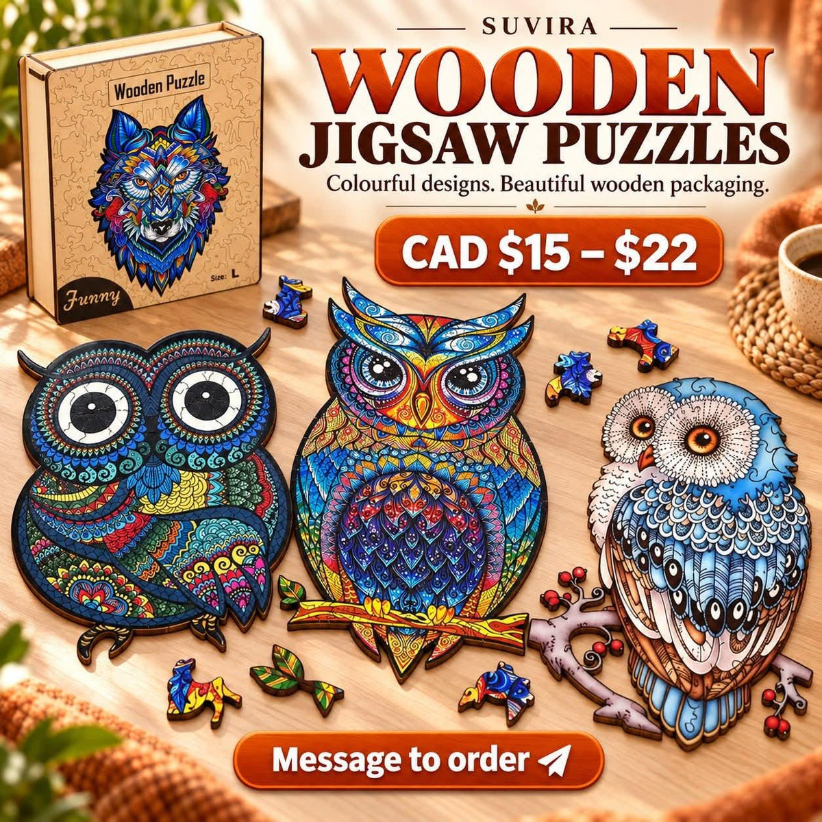 Animal Wooden Jigsaw Puzzle for Adults, Wolf, Tiger or Owl, Wooden Gift Box — photo 2