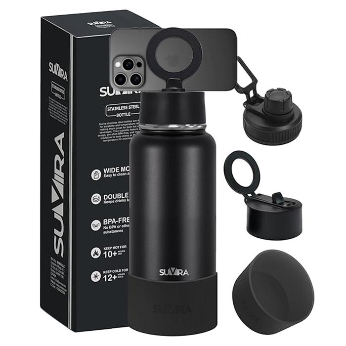 Magnetic Phone Holder Water Bottle, Insulated Stainless Steel, 2 Lids, 25/32 oz — photo 3