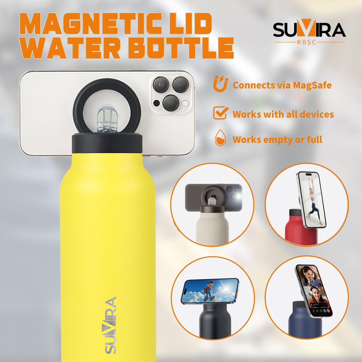 Magnetic Water Bottle 24 oz Insulated Stainless Steel with Phone Holder Lid — photo 9