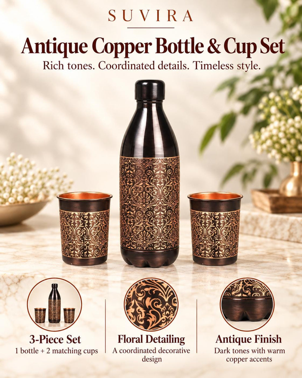 Pure Copper Water Bottle and 2 Tumblers, 32 oz Reusable Bottle Gift Set — photo 1