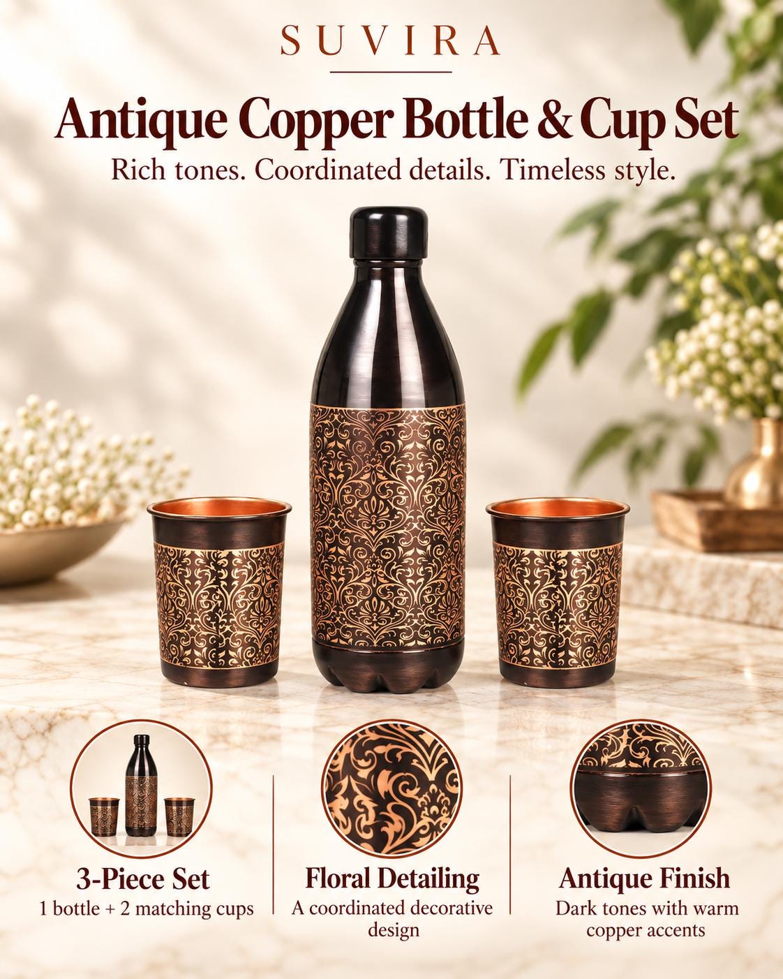 Pure Copper Water Bottle and 2 Tumblers, 32 oz Reusable Bottle Gift Set — photo 1