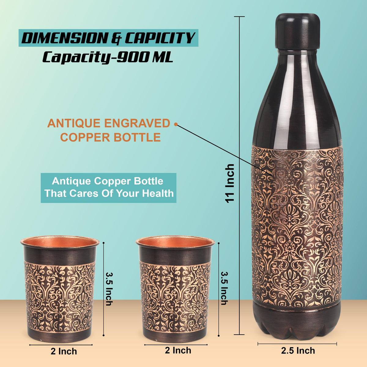 Pure Copper Water Bottle and 2 Tumblers, 32 oz Reusable Bottle Gift Set — photo 4