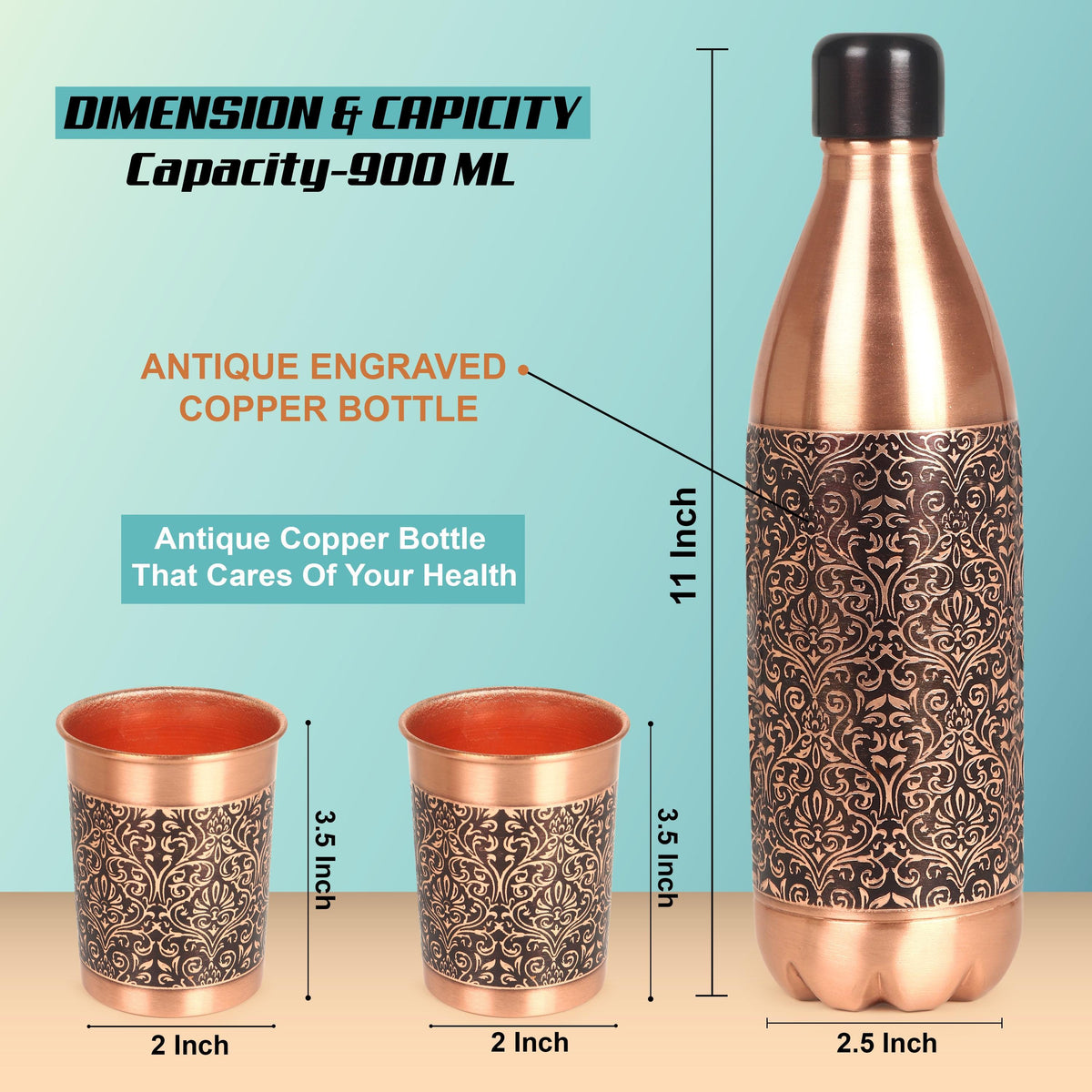 Pure Copper Water Bottle with 2 Tumblers, 32 oz Bottle and Cup Gift Set — photo 6