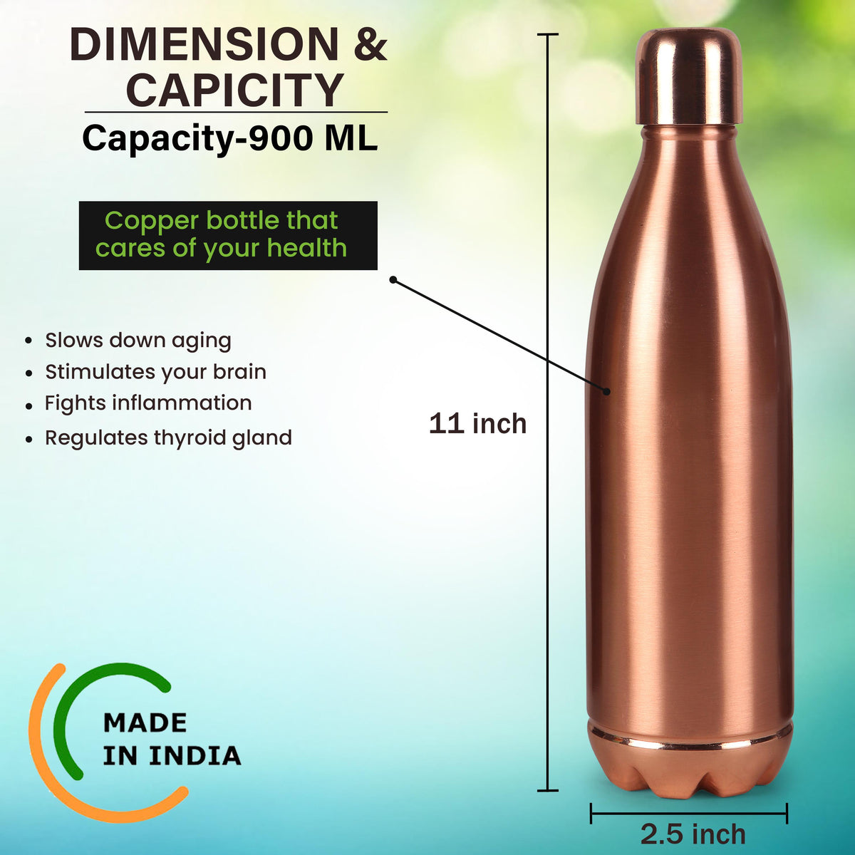 Pure Copper Water Bottle, 32 oz, Reusable Drinking Vessel, Copper Gift — photo 3