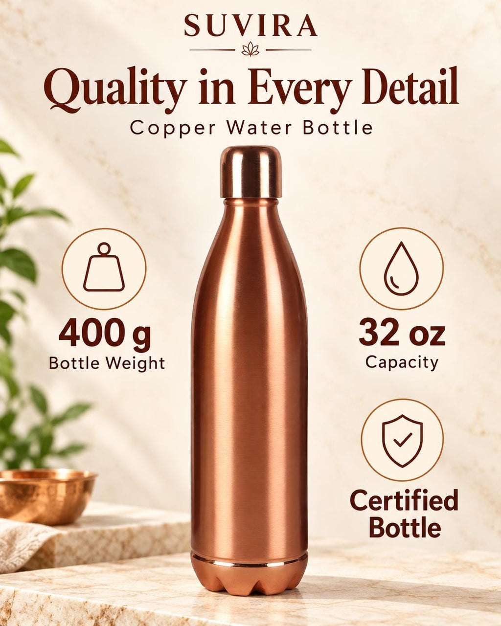 Pure Copper Water Bottle, 32 oz, Reusable Drinking Vessel, Copper Gift — photo 1