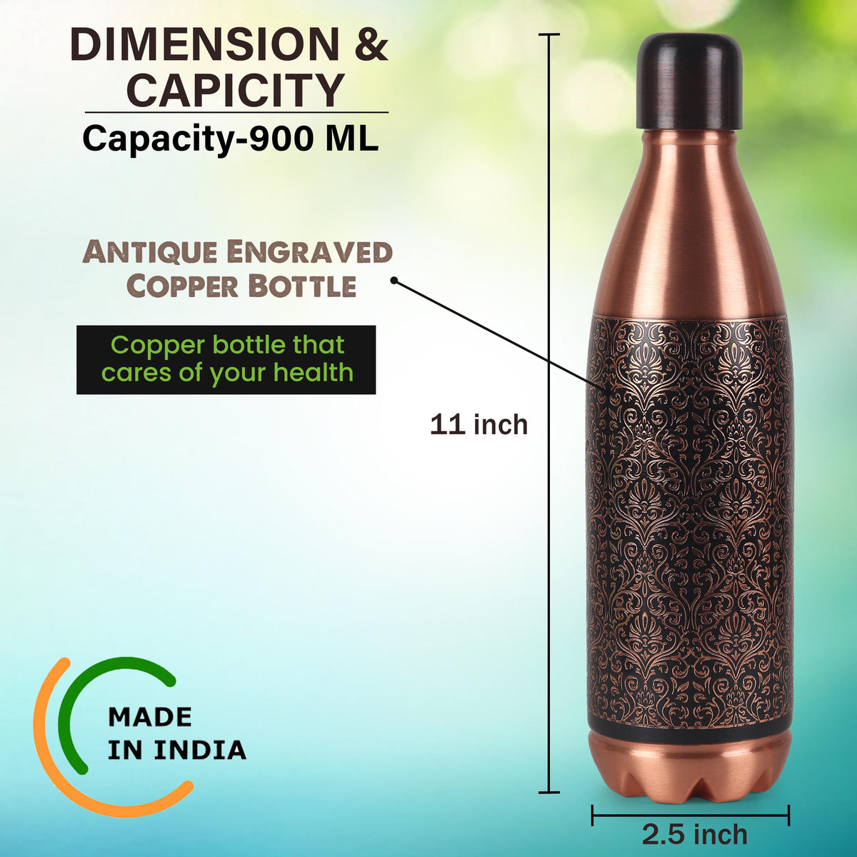 Pure Copper Bottle, 32 oz Reusable Water Vessel, Copper Drinkware Gift — photo 2