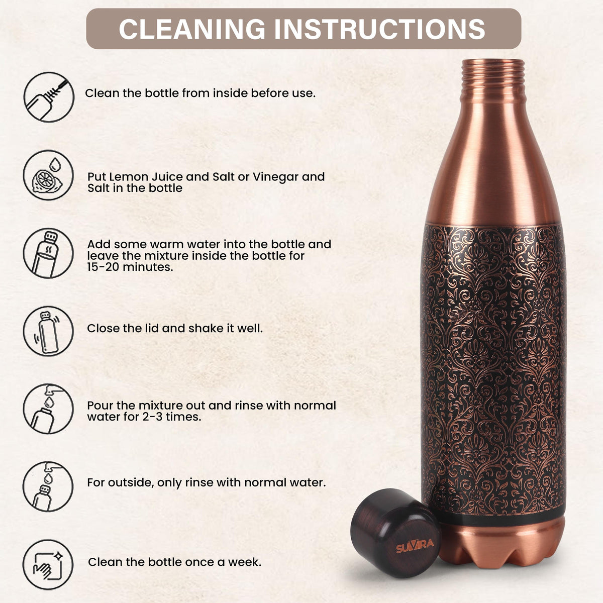 Pure Copper Bottle, 32 oz Reusable Water Vessel, Copper Drinkware Gift — photo 3